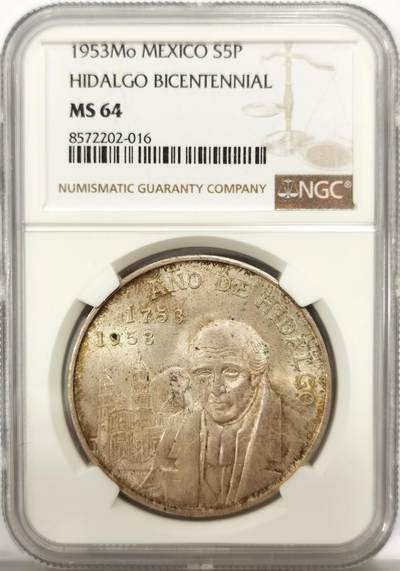博洋堂世界钱币拍卖第140期（全场包邮） - NGC MS64 墨西哥1953年国父伊达尔戈诞辰200周年5比索纪念大银币，双面黄油转光，较少见的品种，高分难得。