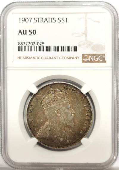 博洋堂世界钱币拍卖第140期（全场包邮） - NGC AU50 英属海峡1907年乔治五世一元银币，极美酱彩包浆，包浆浓郁醇厚，潜力很大的品种。