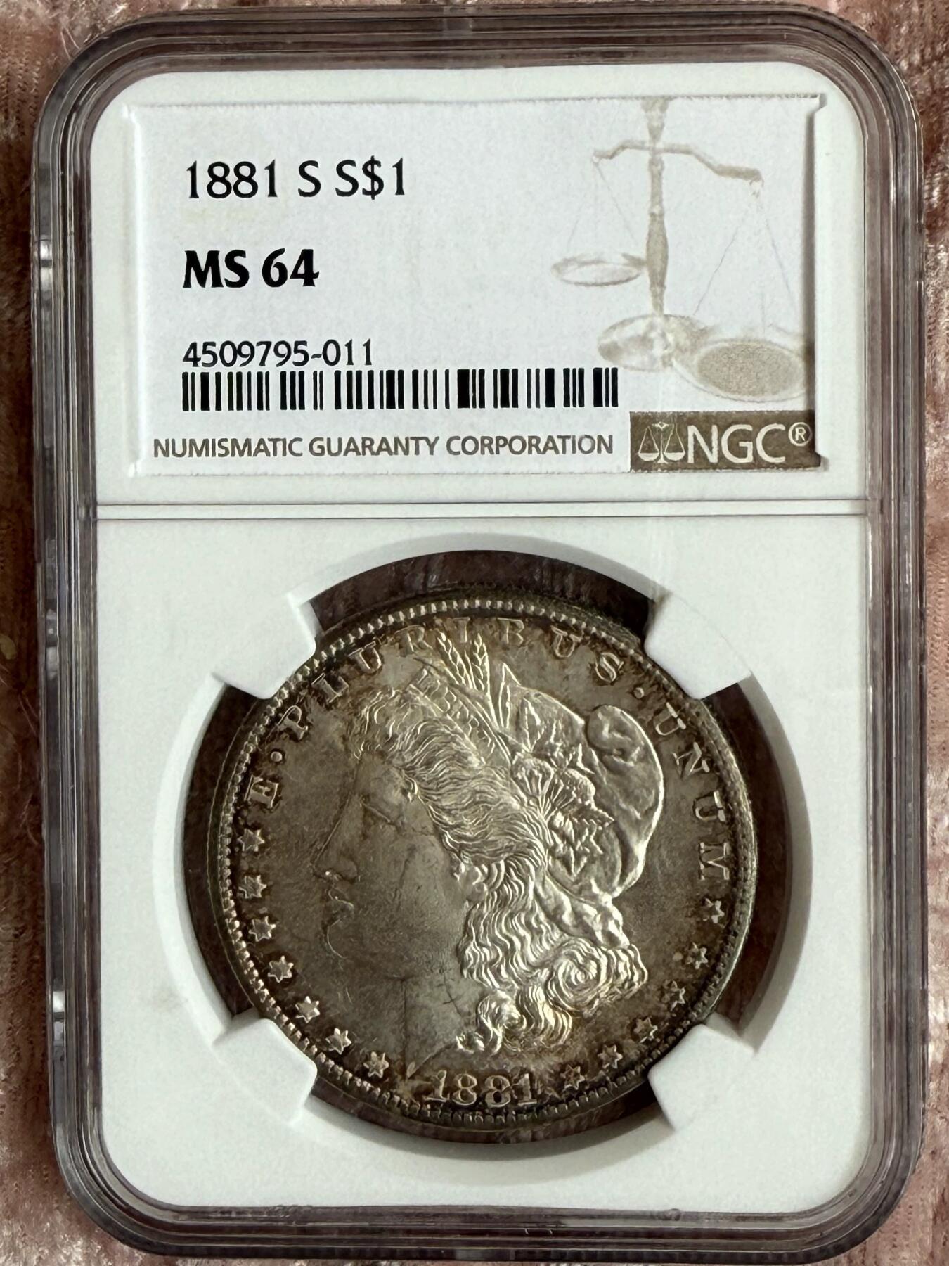 【彩，高分】1881-S $1 美国摩根银币，NGC MS64分，高点细节俱在，鹰羽完整，炫彩味道一流