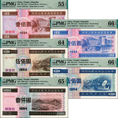 宜和2025年夏季拍卖会——红桥往事 - 1994年中华人民共和国财政部国库券第壹期壹佰圆、伍佰圆、壹仟圆，第贰期壹佰圆、伍佰圆一组5枚；PMG 55 EPQ-PMG 66 EPQ