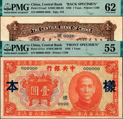 宜和2025年夏季拍卖会——红桥往事 - 民国二十五年（1936年）中央银行中华版宝鼎壹圆单面样本券，0026号，正背共2枚；正券反面写有“6版”与“31年四月3日收到”字样，PMG 55/Printer's Annotation Staple Holes，Minor Rust；背券反面写有“陆版壹元券”字样，PMG 62/Printer's Annotation Staple Holes，Minor Stain。极具史料价值