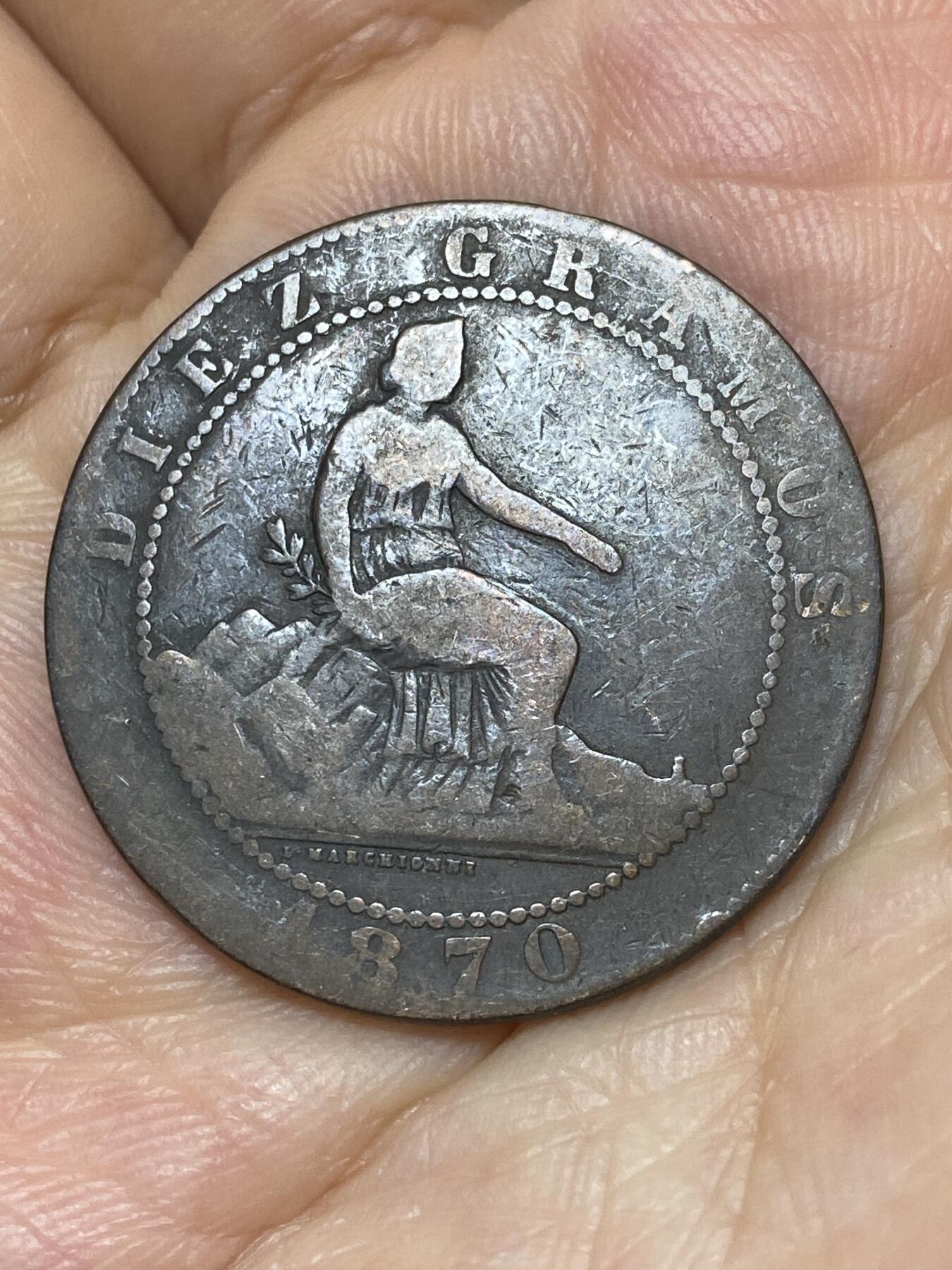 2025年第九十二场(总第一百一十八场）外国好品散币(免佣金) 西班牙1870单年份10分(临时政府时期，OM标，八角星OM公司巴塞罗那分厂造)