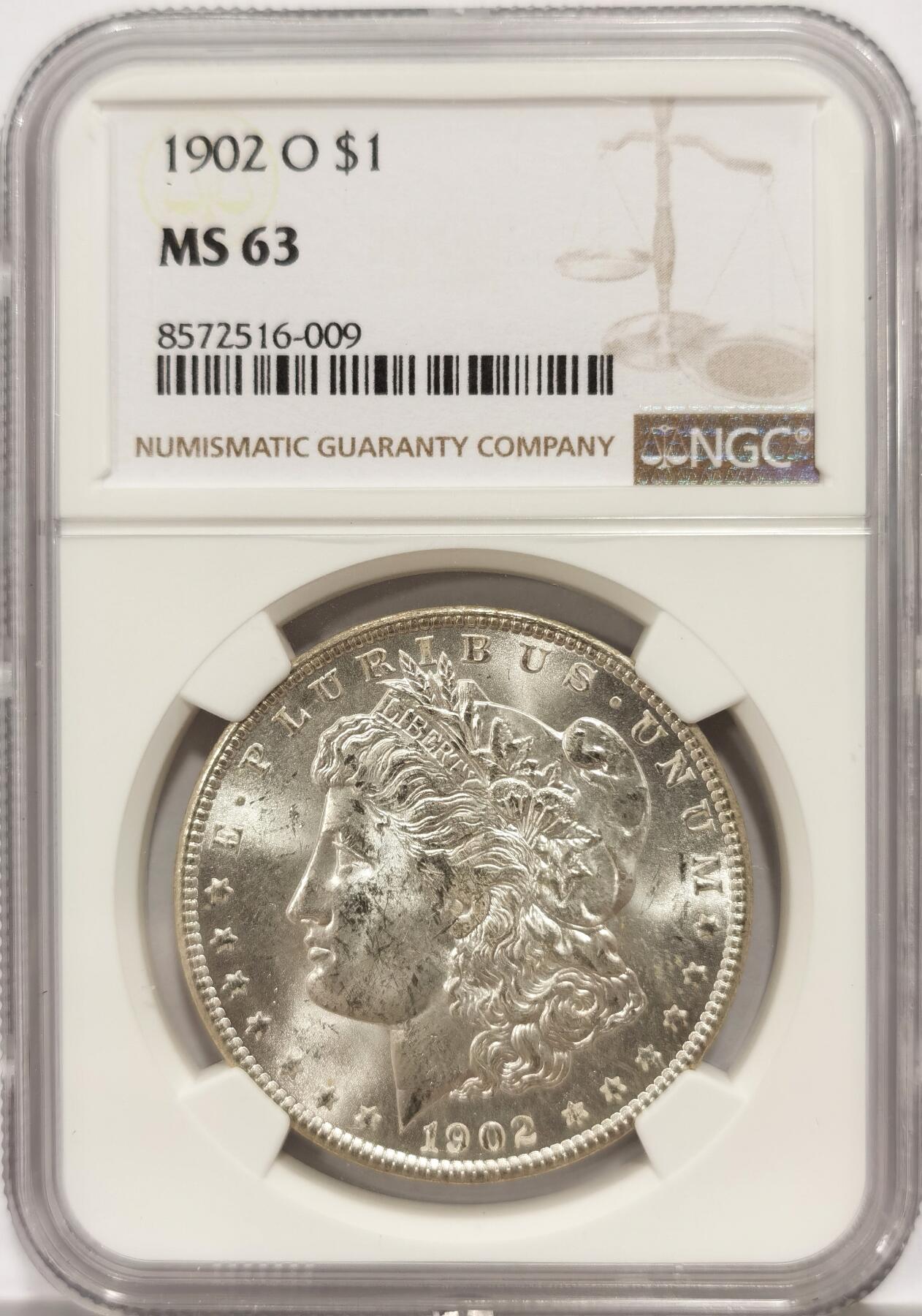 博洋堂世界钱币拍卖第140期（全场包邮） 美国1902年摩根银币O版NGC-MS63，原封拆卷，银光闪闪，难得原始出厂状态，币面清爽干净又舒适，转光强烈细节优秀，状态极佳。