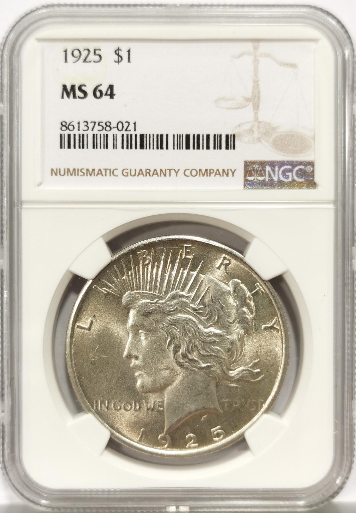 博洋堂世界钱币拍卖第140期（全场包邮） NGC MS64 美国1925年和平银币，较少见年份，转光强烈，状态非常好。