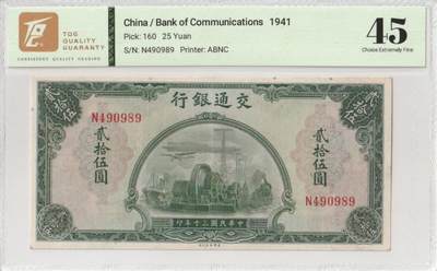 2025九月第三期（总193期） - 交通银行1941美钞版贰拾伍圆TQG45分，稀有面值，机床/轮船/火车和飞机