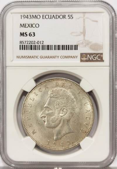 博洋堂世界钱币拍卖第140期（全场包邮） - NGC MS63 厄瓜多尔1943年5苏克雷大银币，BU原光好品，包浆温润，好状态。