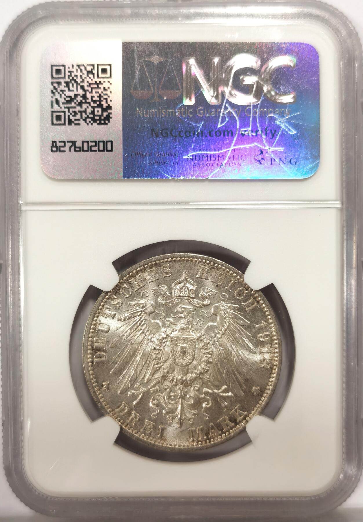 博洋堂世界钱币拍卖第140期（全场包邮） 德国1913年莱比锡建功碑3马克纪念银币NGC-MS62，原汁原味老包浆，状态佳。
