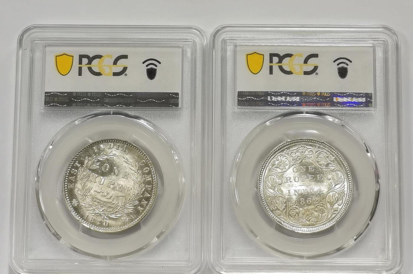 博洋堂世界钱币拍卖第140期（全场包邮） PCGS MS62 英属印度1840、1862年维多利亚1卢比银币2枚一对1