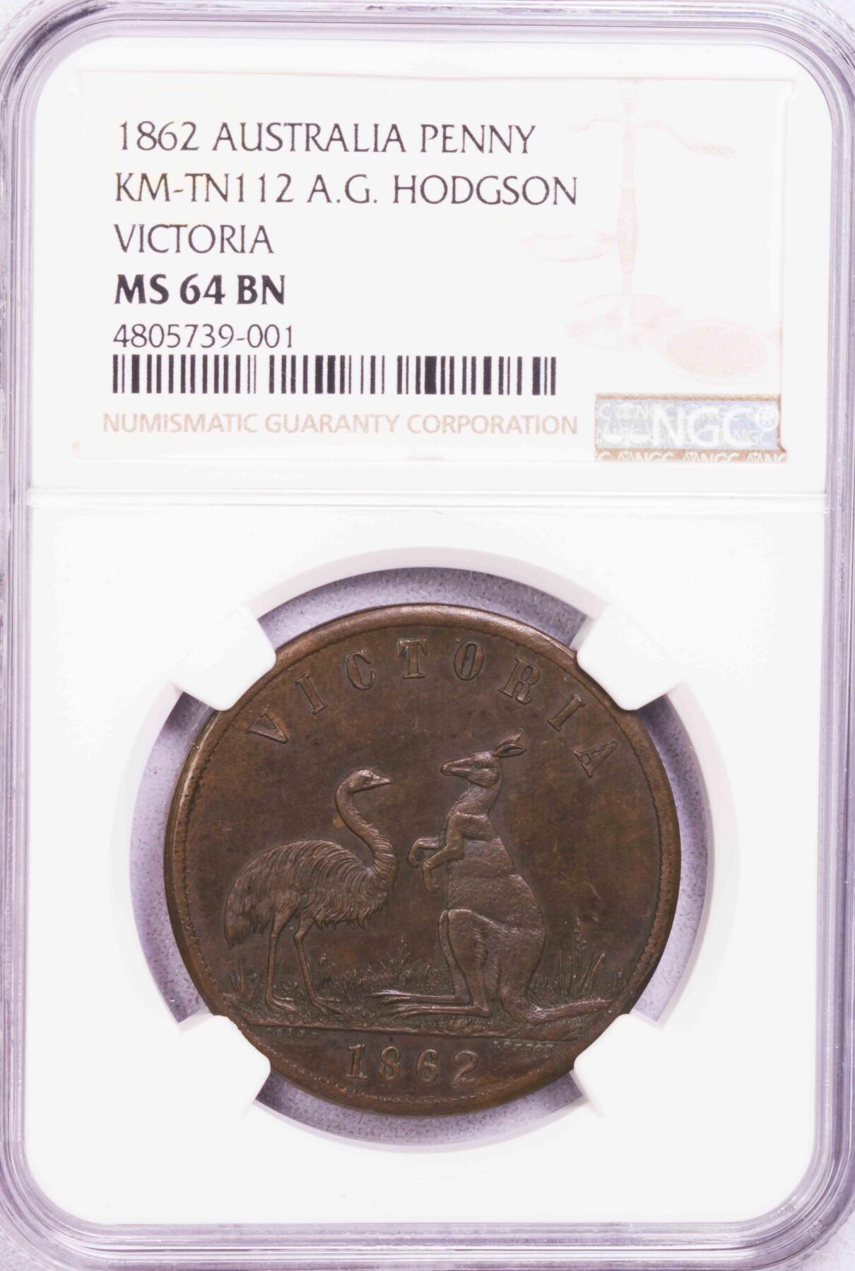 NGC-MS64BN 1862澳大利亚墨尔本1便士代用币 冠军