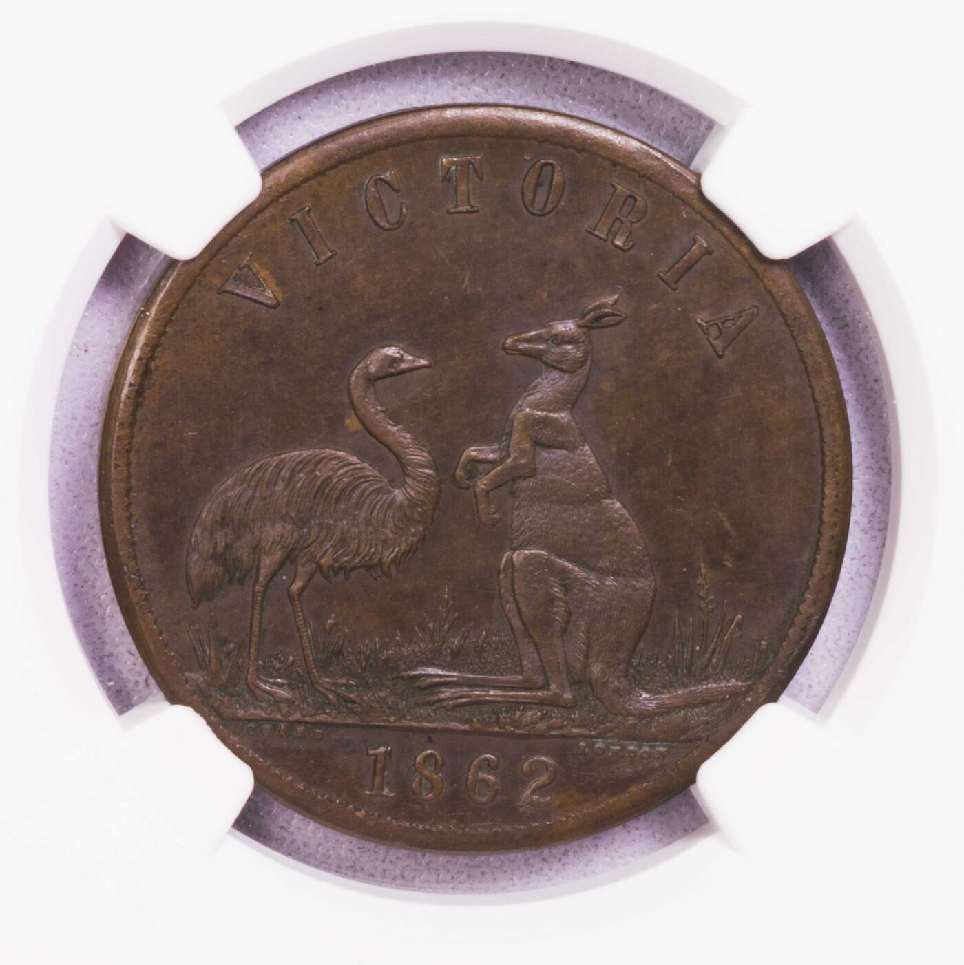 NGC-MS64BN 1862澳大利亚墨尔本1便士代用币 冠军