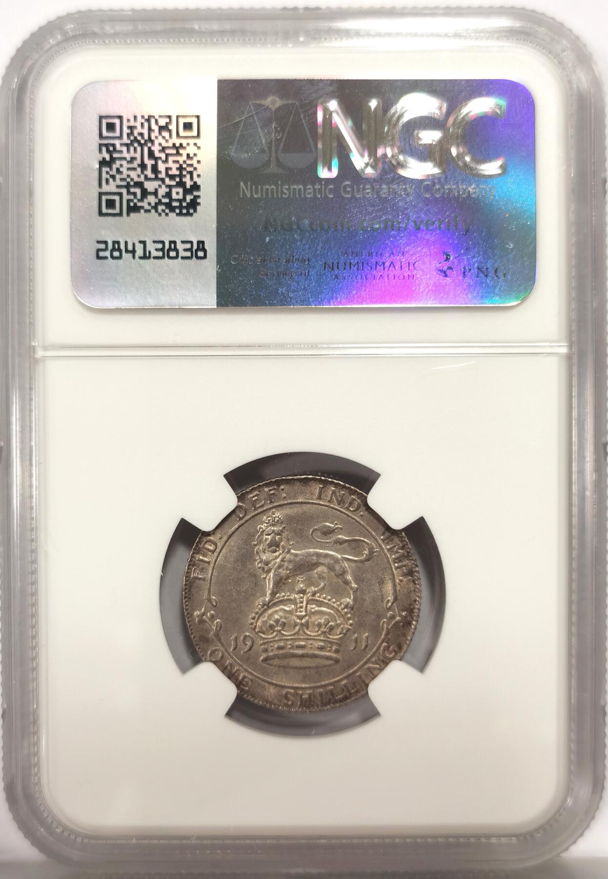 博洋堂世界钱币拍卖第140期（全场包邮） NGC AU58 英国1911年乔治五世1先令银币，乔五加冕年，极美紫罗兰彩，转光好品。