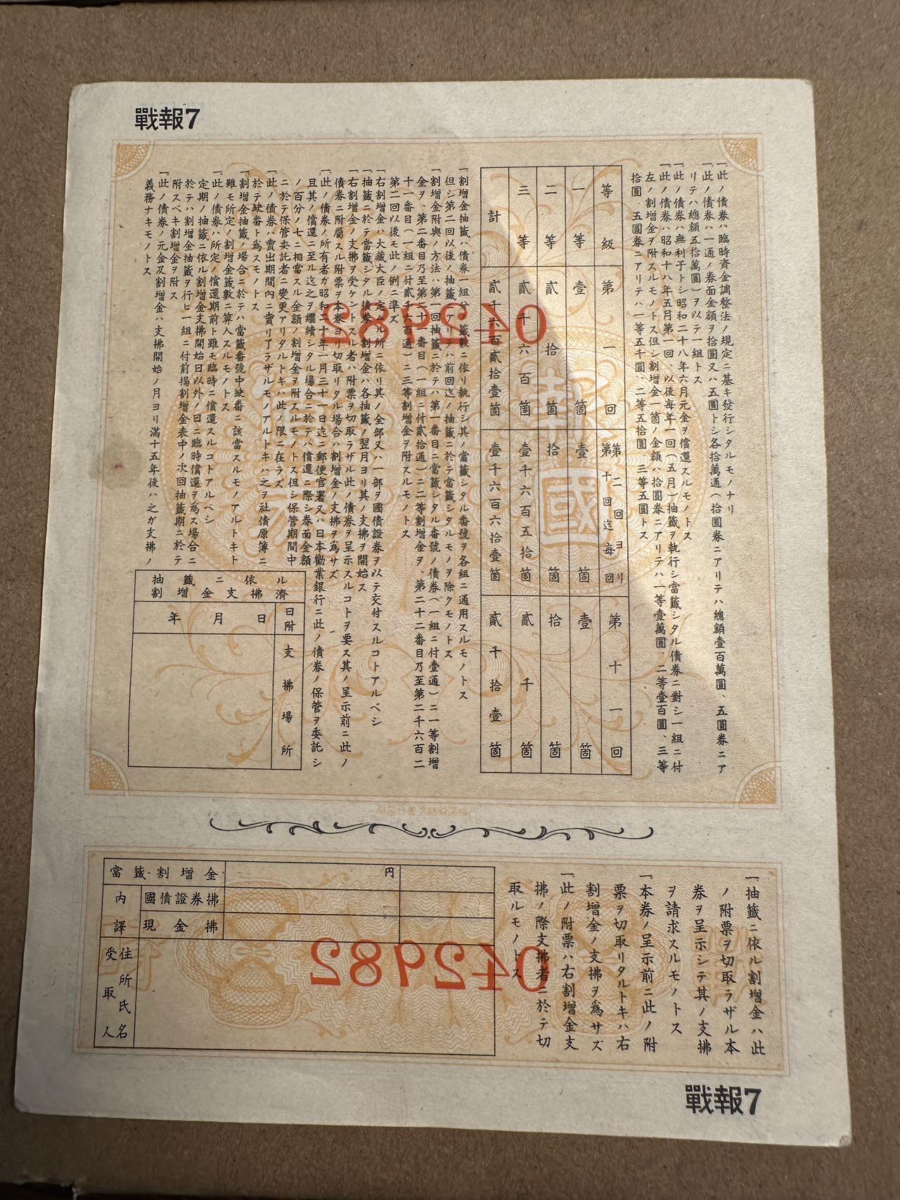 蒂克钱币-第42场 外国平价纸币0起自动拍 日本战时报国债券 金五元 