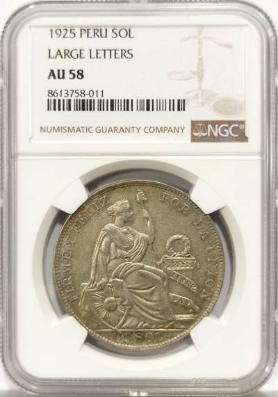 博洋堂世界钱币拍卖第140期（全场包邮） - NGC AU58 秘鲁1925年坐人1索尔大银币，黄油包浆，好品质。经典南美品种。