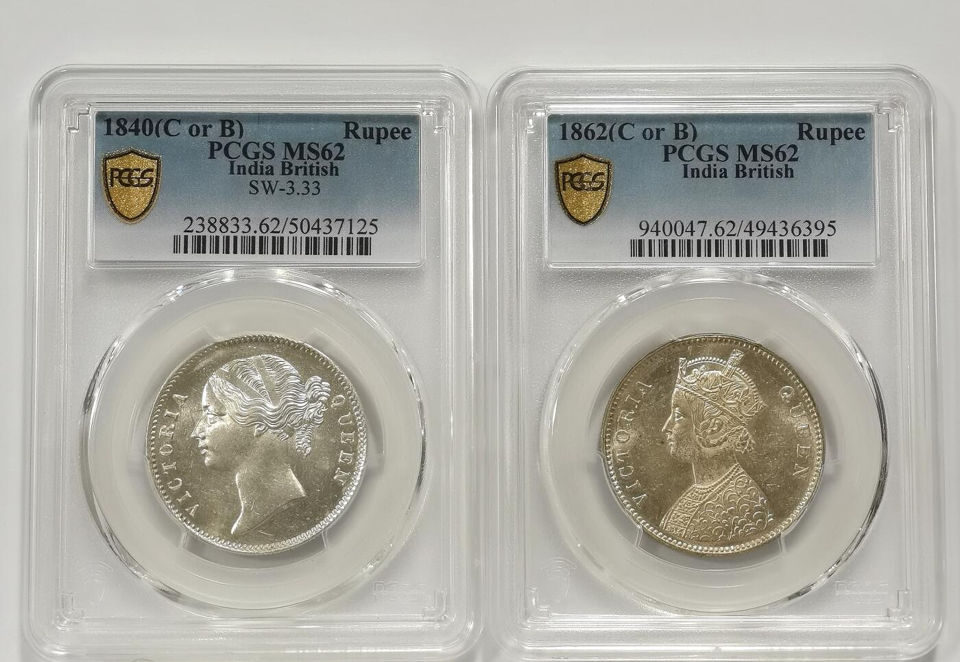 博洋堂世界钱币拍卖第140期（全场包邮） PCGS MS62 英属印度1840、1862年维多利亚1卢比银币2枚一对2