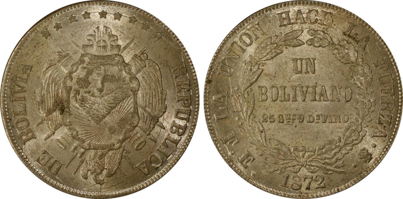 博洋堂世界钱币拍卖第140期（全场包邮） PCGS MS63 玻利维亚1872年1BOLIV 非常少见的面值，虽然直径看起来很小接近半圆，但是重量25G，淡色包浆味道好。