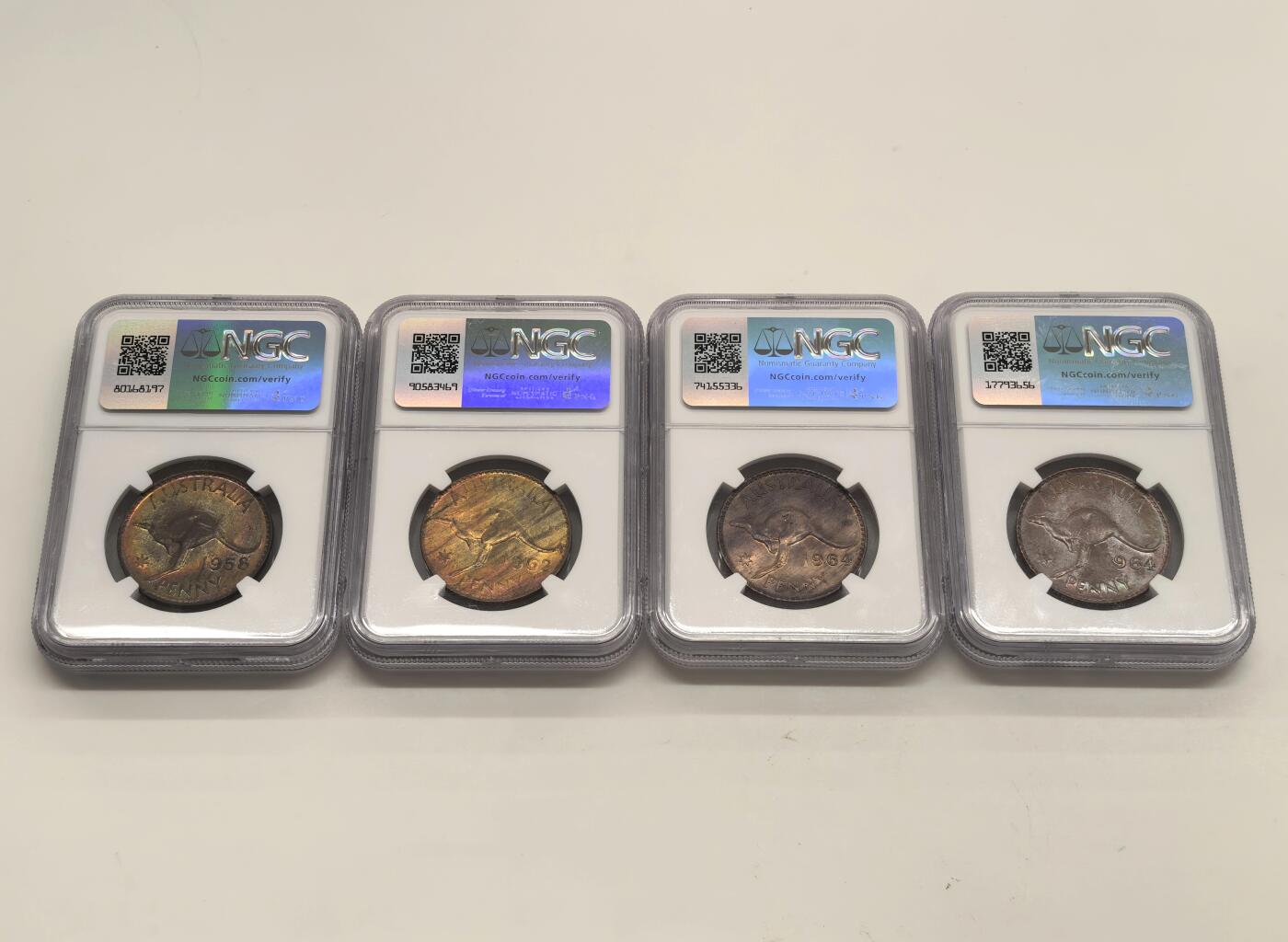 博洋堂世界钱币拍卖第140期（全场包邮） NGC MS62BN 英属澳大利亚1958-1964年伊丽莎白二世袋鼠1便士铜币4枚不同版一组