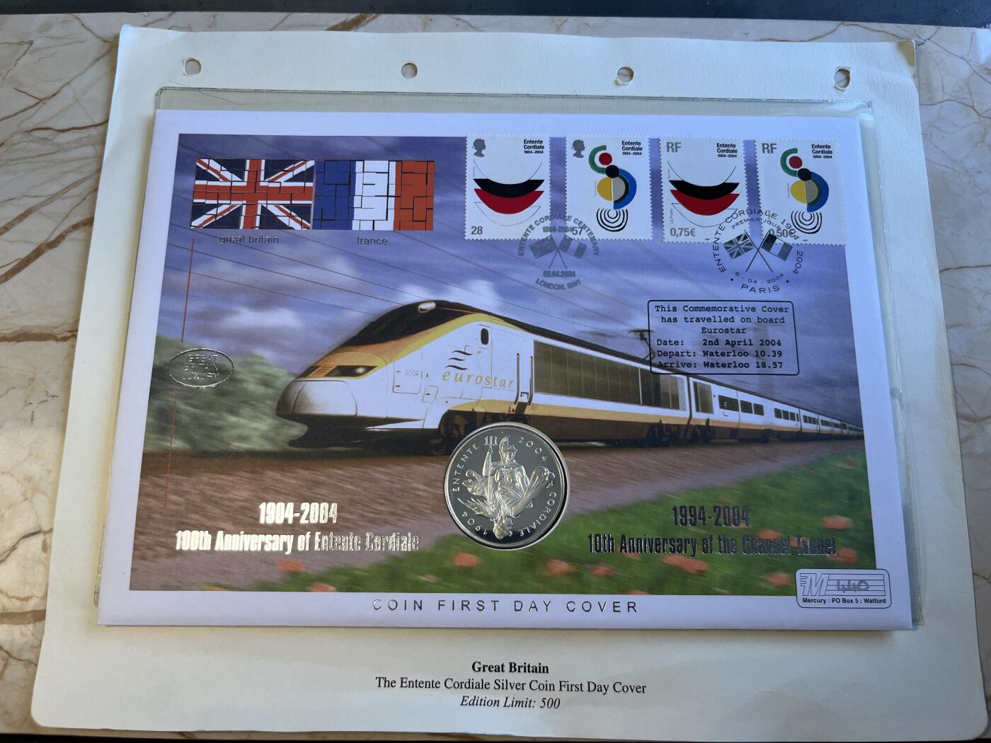 第175期拍卖【长期征集拍品】 英国2004年英法友好协议不列颠女神纪念银币首日封，925银，28.28克，发行500枚