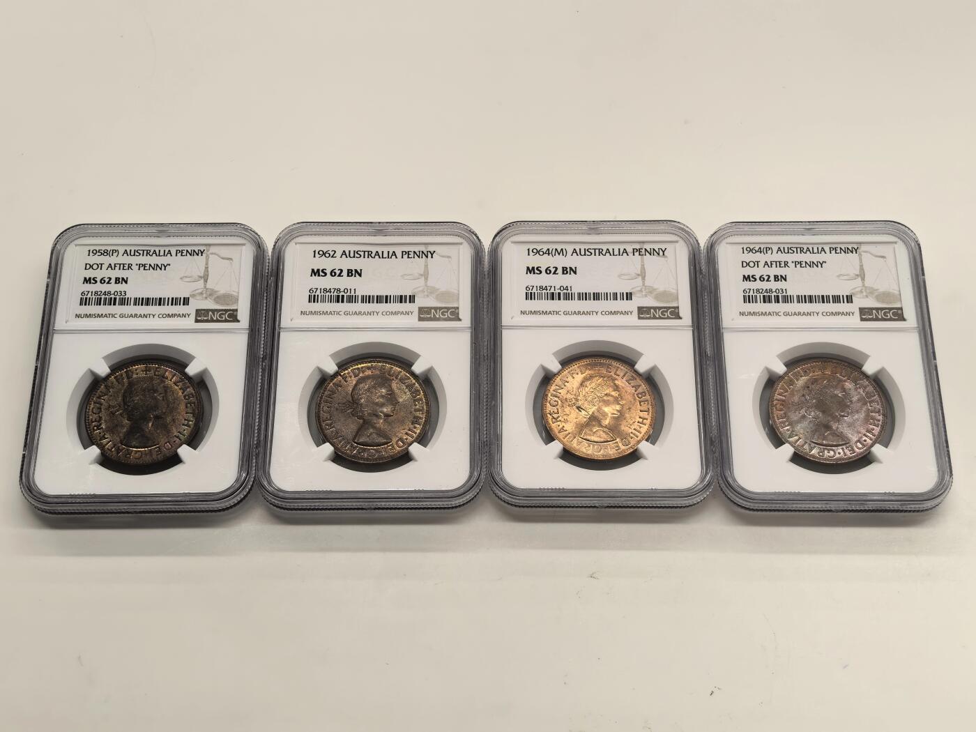 博洋堂世界钱币拍卖第140期（全场包邮） NGC MS62BN 英属澳大利亚1958-1964年伊丽莎白二世袋鼠1便士铜币4枚不同版一组
