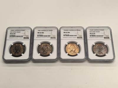博洋堂世界钱币拍卖第140期（全场包邮） - NGC MS62BN 英属澳大利亚1958-1964年伊丽莎白二世袋鼠1便士铜币4枚不同版一组