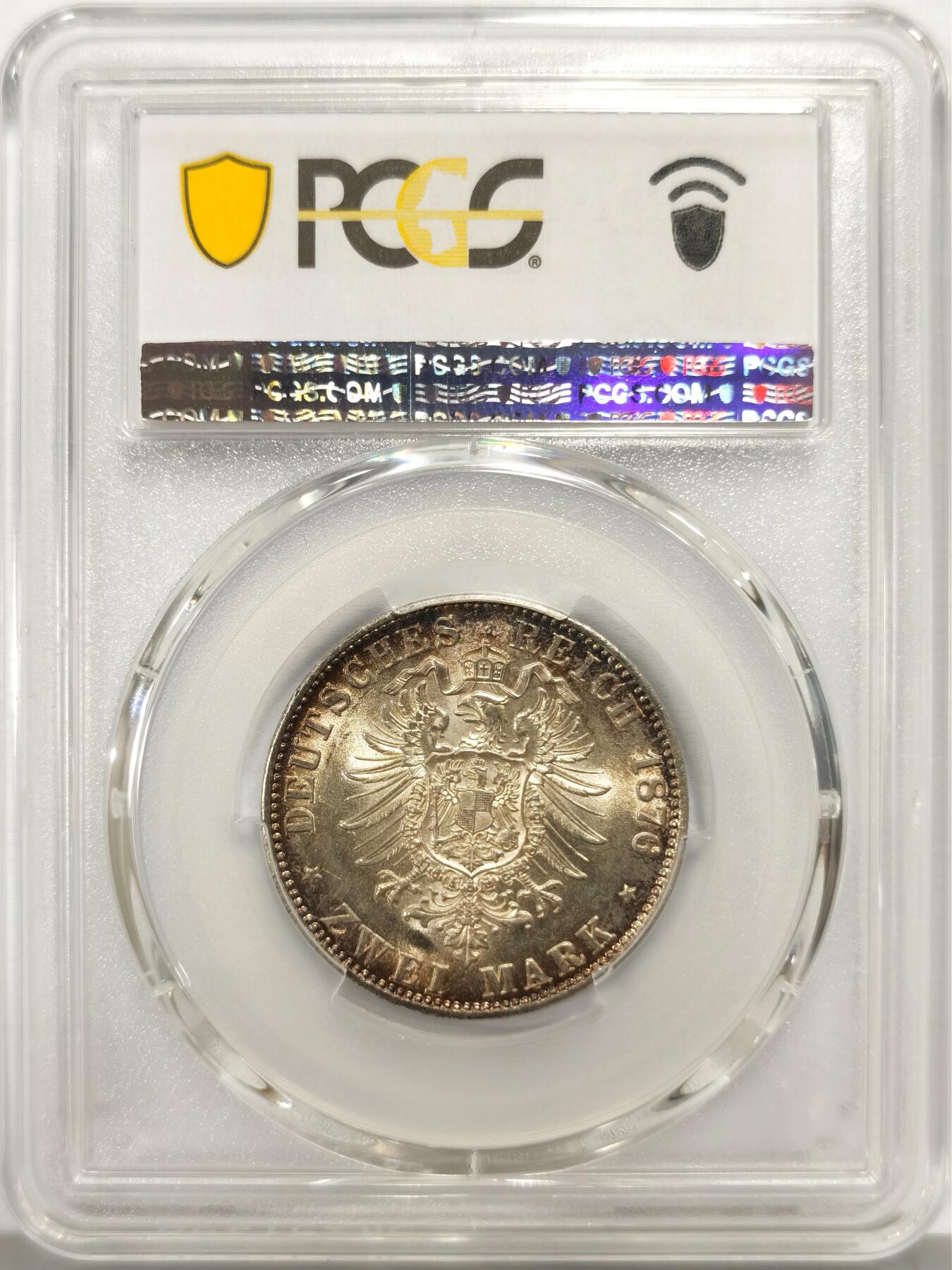 博洋堂世界钱币拍卖第140期（全场包邮） PCGS MS63 德国普鲁士1876年威廉一世短翅鹰流通2马克银币，炫彩！绝对低评的状态！