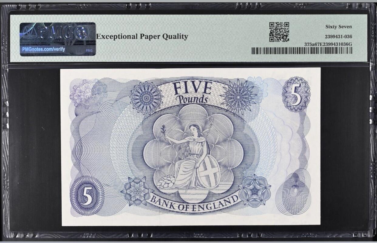 【礼羽收藏】🌏世界钱币拍卖第104期 【A92 620650】1963-66年英国C序列5镑纸币 女王钞 年轻女王 A冠 无347 钻石号 PMG67E高分 难出分品种 更高分仅9张