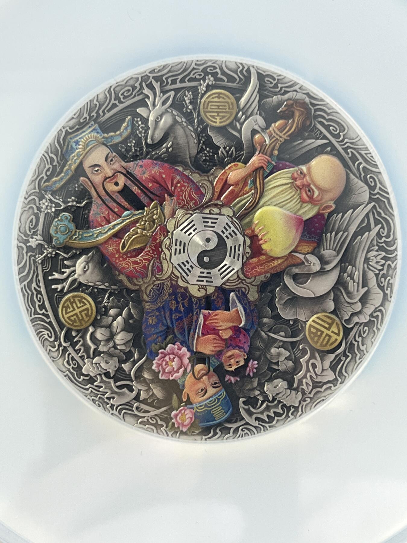 第176期拍卖【长期征集拍品】【欢度国庆中秋双节】 图瓦卢2021年中国福禄寿5盎司高浮雕仿古彩银币NGC-MS70首无盒无证书，999银，5盎司，发行量388枚
