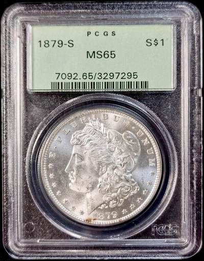 甄臻铺-世界币章拍卖（第34期），送拍享返佣金等优惠多多 - PCGS-MS65 美国1879年S版摩根，老绿盒子，PL质感地板，完好盒子少见