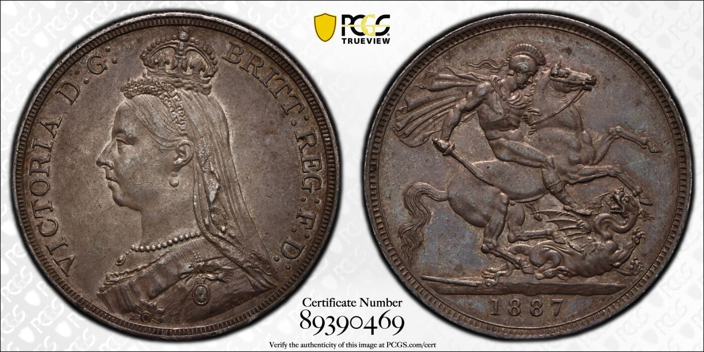 博洋堂世界钱币拍卖第140期（全场包邮） PCGS AU55 英国1887年维多利亚高冠1克朗马剑大银币，极美欧洲包浆