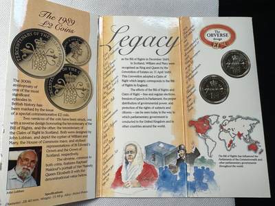 甄臻铺-世界币章拍卖（第34期），送拍享返佣金等优惠多多 英国权利法案2镑伊丽莎白二世 1989年 2英镑铜镍合金纪念套币卡册 权利法案300周年纪念系列 2枚