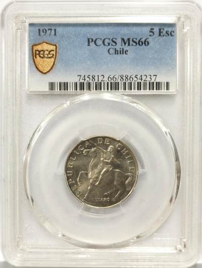 博洋堂世界钱币拍卖第140期（全场包邮） - PCGS MS66 智利1971年美洲骑士五埃斯库多小银币，稀少罕见品种，绝对高分，双面黄油带彩车轮大转光。