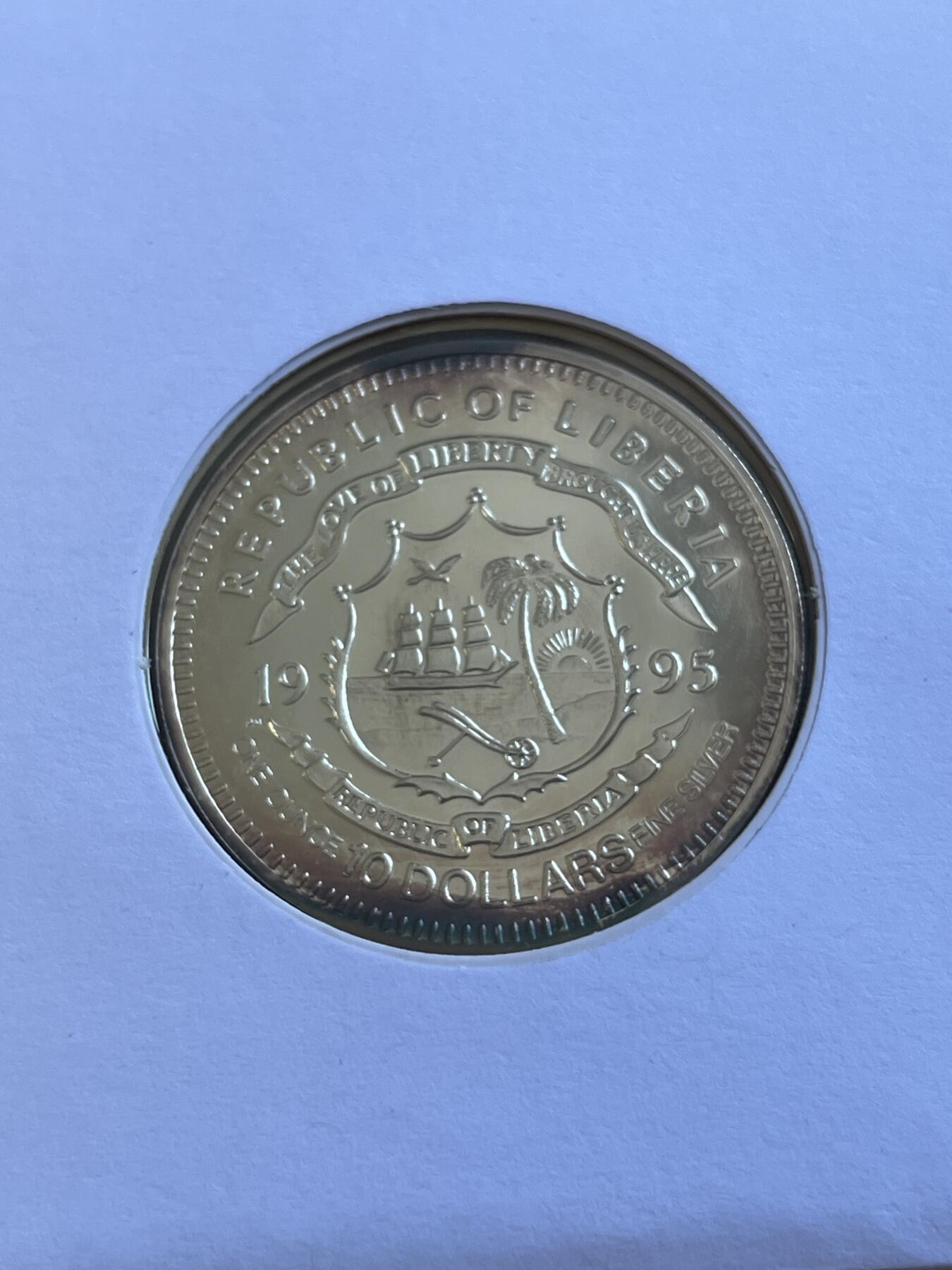 第175期拍卖【长期征集拍品】 利比里亚1995年帆船纪念银币首日封，925银，28.28克，有氧化