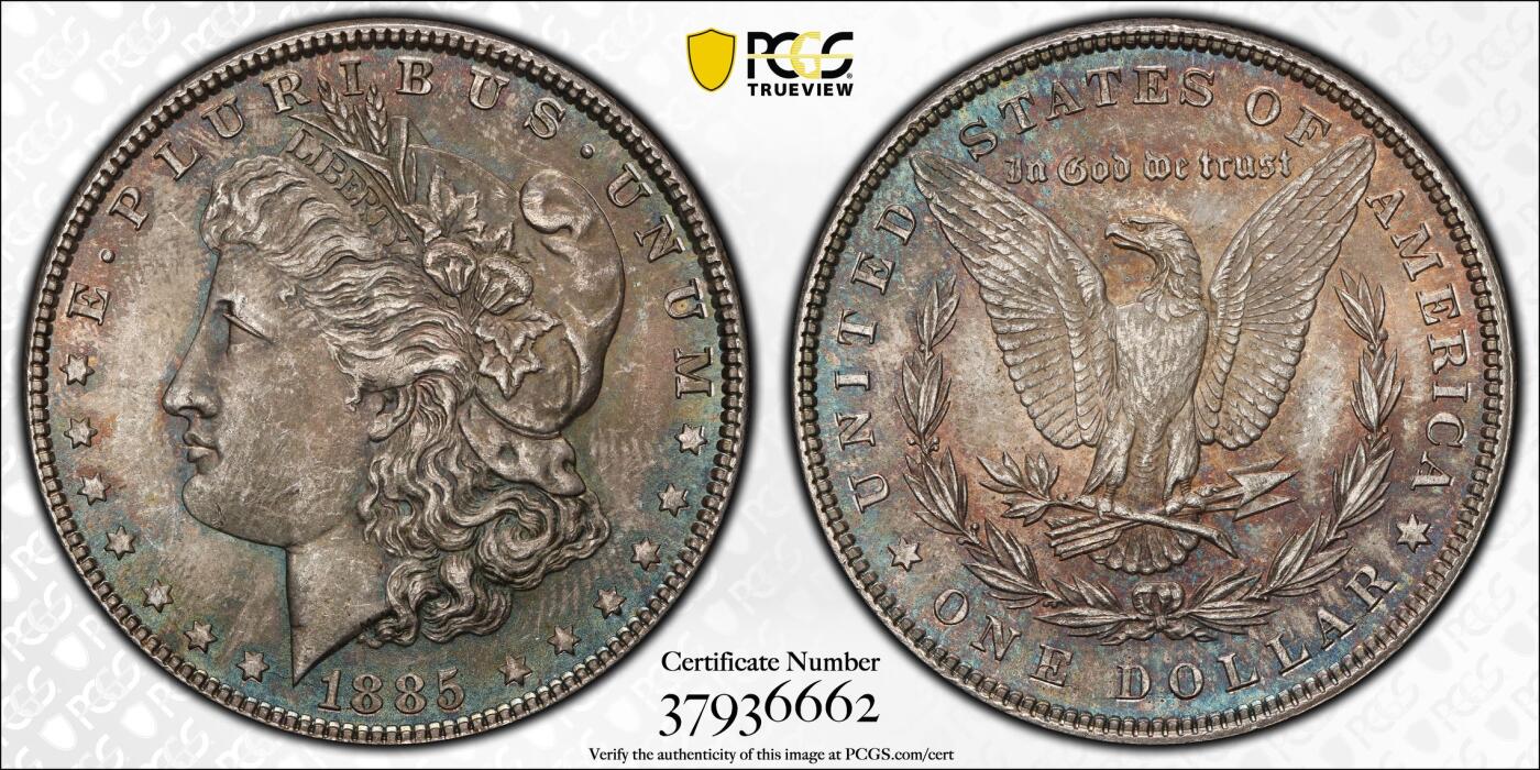 博洋堂世界钱币拍卖第140期（全场包邮） PCGS MS64 美国1885年摩根大银币，顶级五彩包浆