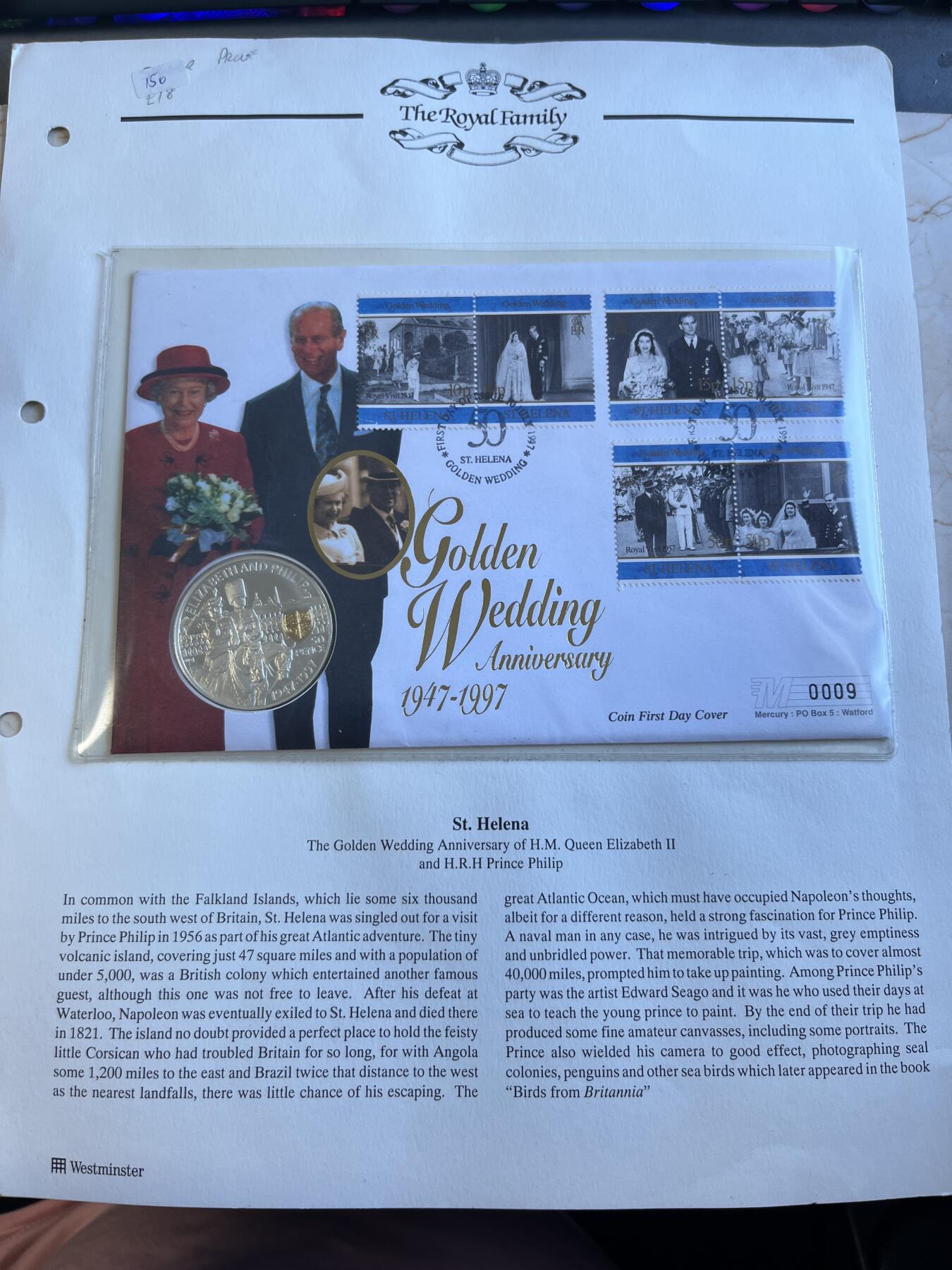 第175期拍卖【长期征集拍品】 圣赫勒拿1997年伊丽莎白和菲利普婚礼50周年镀金银币首日封，925银，28.28克