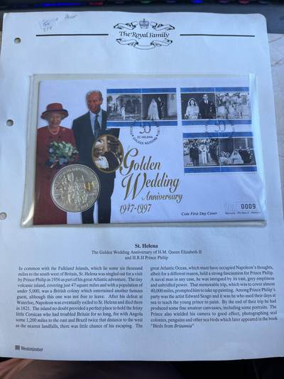 第175期拍卖【长期征集拍品】 - 圣赫勒拿1997年伊丽莎白和菲利普婚礼50周年镀金银币首日封，925银，28.28克