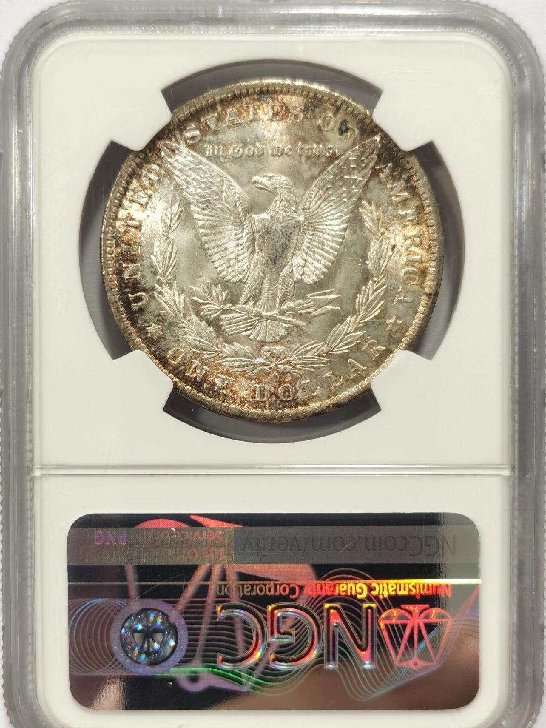 【美，炫彩】1885-S $1 美国摩根银币，NGC MS64分，高点细节俱在，鹰羽完整，炫彩味道一流