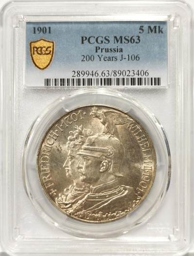 博洋堂世界钱币拍卖第140期（全场包邮） - PCGS MS63 德国普鲁士1911年建国200周年5马克银币，淡淡黄油光，状态极佳