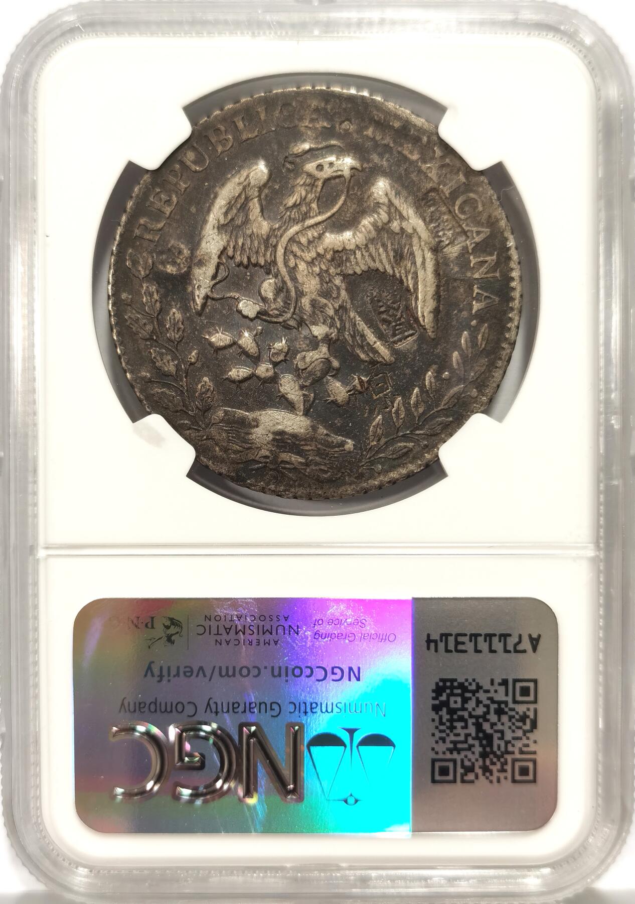 博洋堂世界钱币拍卖第140期（全场包邮） NGC VF 墨西哥1883年MO MH版花边鹰洋，黑漆包浆，少见“原银”戳记