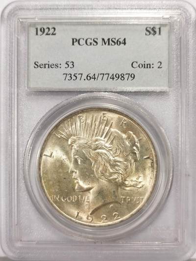 博洋堂世界钱币拍卖第140期（全场包邮） - PCGS MS64 美国1922年和平1元银币 老盒严评