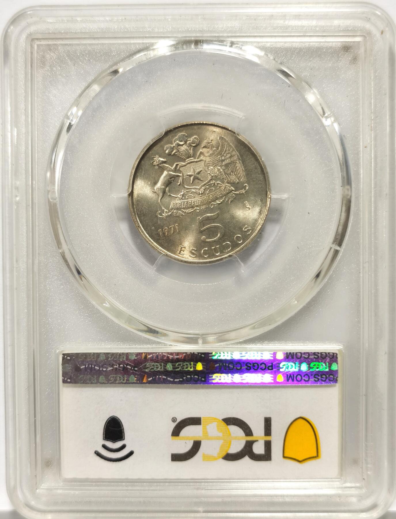 博洋堂世界钱币拍卖第140期（全场包邮） PCGS MS66 智利1971年美洲骑士五埃斯库多小银币，稀少罕见品种，绝对高分，双面黄油带彩车轮大转光。