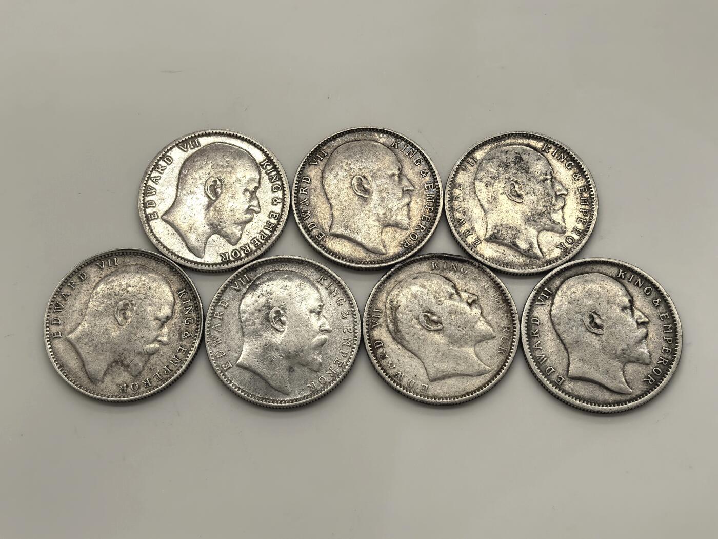 博洋堂世界钱币拍卖第140期（全场包邮） 英属印度1903-1909年爱德华七世1卢比银币连号年份7枚一组