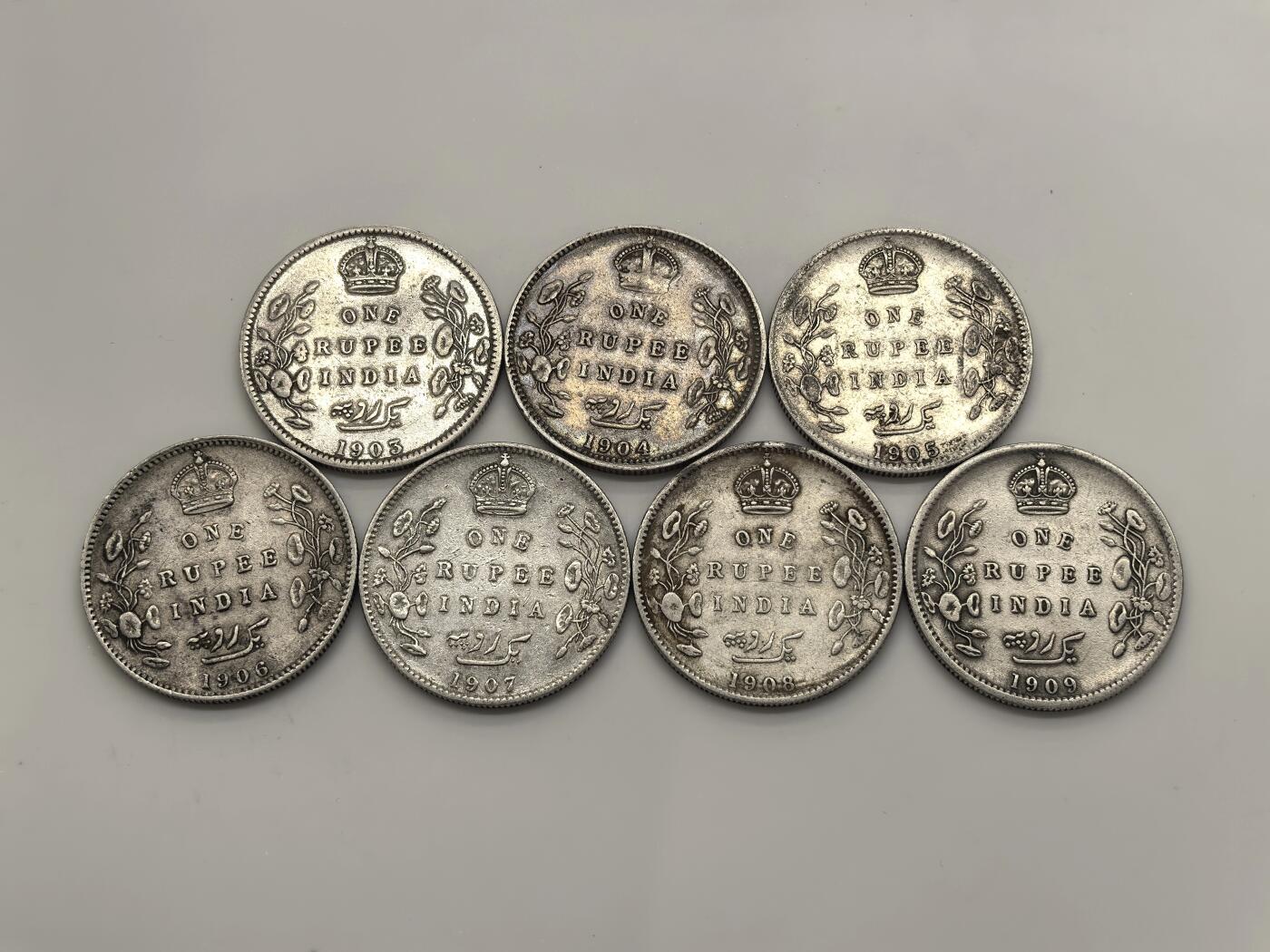 博洋堂世界钱币拍卖第140期（全场包邮） 英属印度1903-1909年爱德华七世1卢比银币连号年份7枚一组