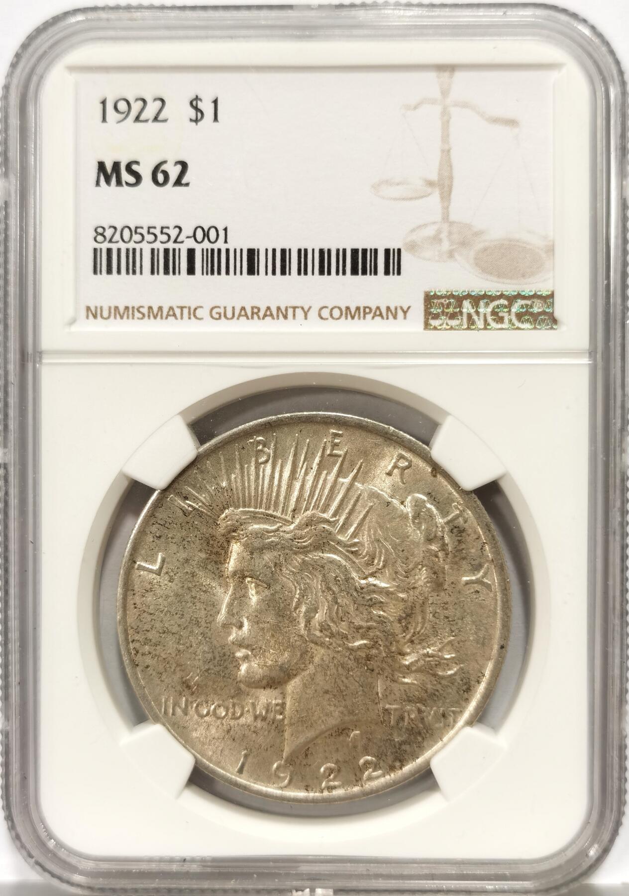 博洋堂世界钱币拍卖第140期（全场包邮） NGC MS62 美国1922年和平女神大银元，这枚带浅浅包浆，和平银币据说用了特殊抗氧化成分，上点包浆不容易