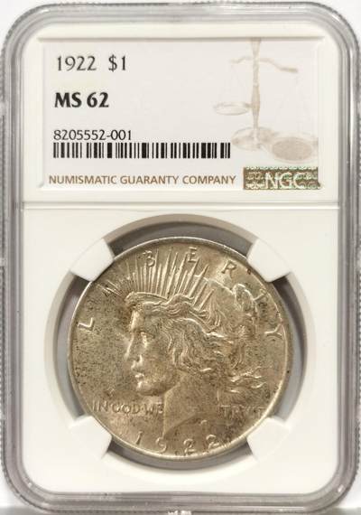 博洋堂世界钱币拍卖第140期（全场包邮） - NGC MS62 美国1922年和平女神大银元，这枚带浅浅包浆，和平银币据说用了特殊抗氧化成分，上点包浆不容易