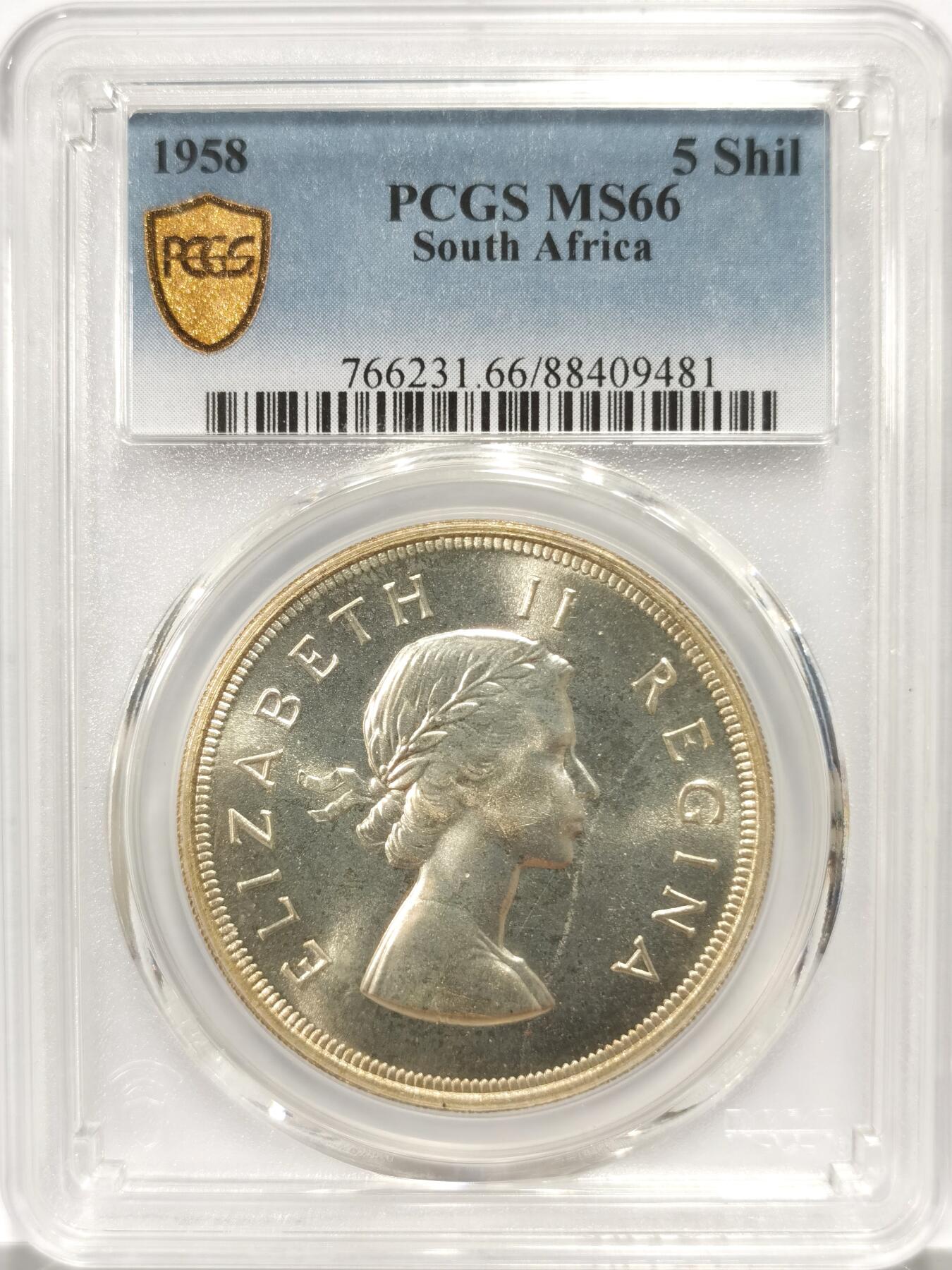 博洋堂世界钱币拍卖第140期（全场包邮） PCGS MS66 英属南非1958年伊丽莎白5先令银币，铸币23.3万枚，PCGS唯一最高分，2025年EBAY销售价2326元，正面女王头像，背面跳羚，两面车轮转光，收藏品级