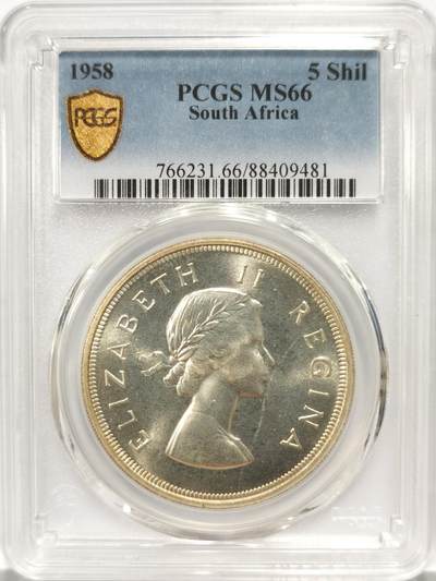 博洋堂世界钱币拍卖第140期（全场包邮） - PCGS MS66 英属南非1958年伊丽莎白5先令银币，铸币23.3万枚，PCGS唯一最高分，2025年EBAY销售价2326元，正面女王头像，背面跳羚，两面车轮转光，收藏品级