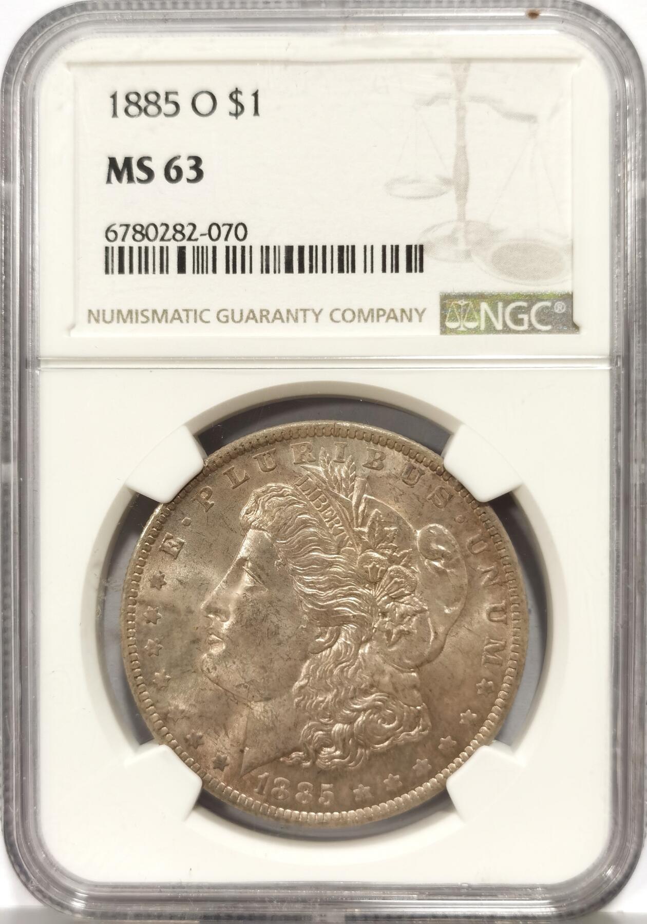 博洋堂世界钱币拍卖第140期（全场包邮） NGC MS63 美国1885-O摩根女神大银元，双面香槟金彩，双面车轮转光，品相在MS63分数段里出类拔萃