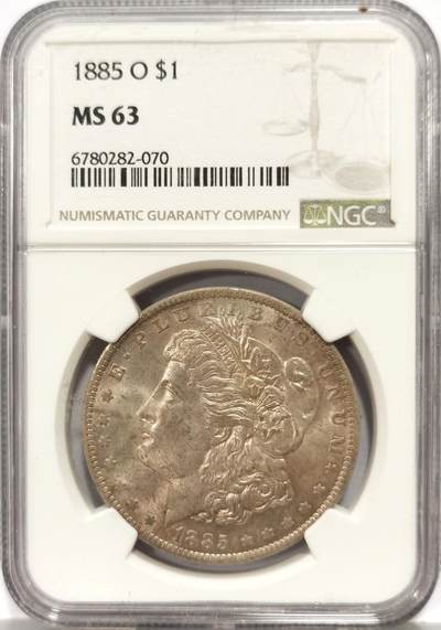 博洋堂世界钱币拍卖第140期（全场包邮） - NGC MS63 美国1885-O摩根女神大银元，双面香槟金彩，双面车轮转光，品相在MS63分数段里出类拔萃