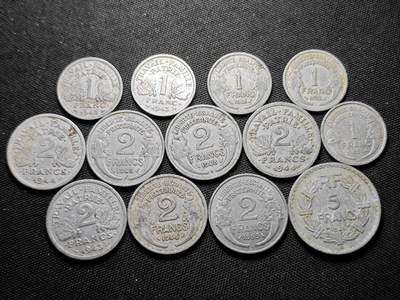 KK钱币收藏小铺 第339场 2月预留时间 周末发货 -  法国1/2/5法郎一组11枚