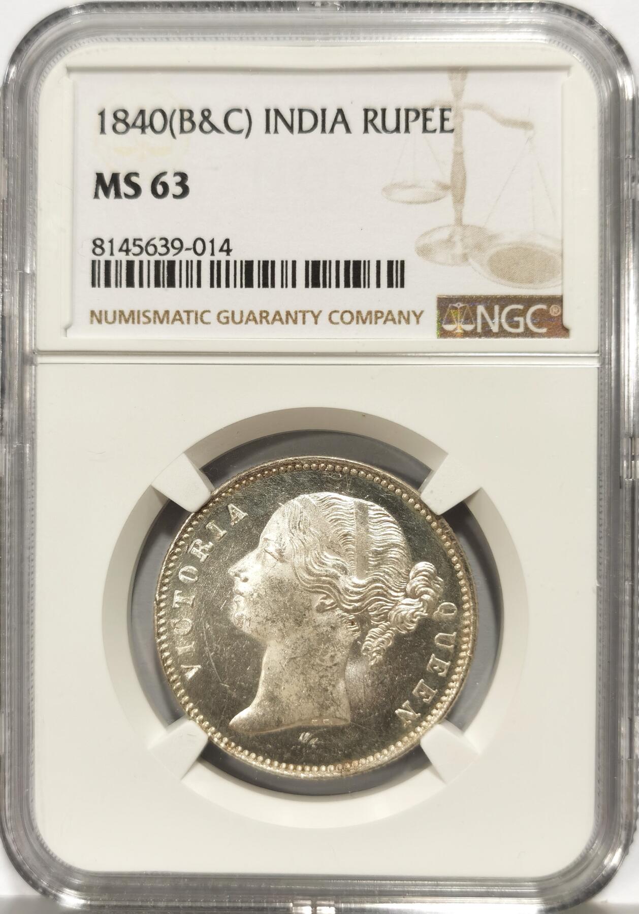 博洋堂世界钱币拍卖第140期（全场包邮） NGC MS63 英属东印度公司1840年维多利亚双辫版1卢比银币