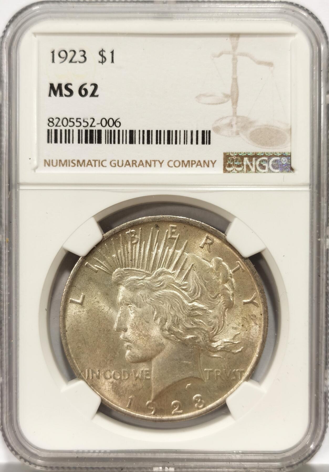 博洋堂世界钱币拍卖第140期（全场包邮） NGC MS62 美国1923年和平女神大银元，这枚带浅浅包浆，和平银币据说用了特殊抗氧化成分，上点包浆不容易
